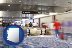 arizona map icon and an airport people mover, with motion blur