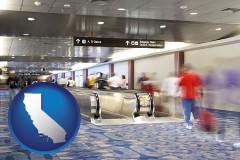 california map icon and an airport people mover, with motion blur