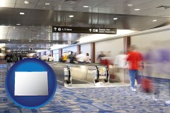 colorado map icon and an airport people mover, with motion blur