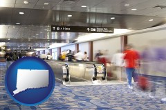 connecticut map icon and an airport people mover, with motion blur