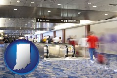 indiana map icon and an airport people mover, with motion blur