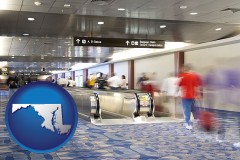 maryland map icon and an airport people mover, with motion blur