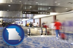missouri map icon and an airport people mover, with motion blur
