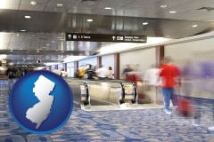 new-jersey map icon and an airport people mover, with motion blur