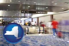 new-york map icon and an airport people mover, with motion blur