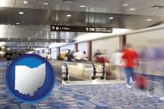 ohio map icon and an airport people mover, with motion blur