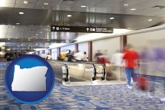 oregon map icon and an airport people mover, with motion blur