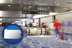 pennsylvania map icon and an airport people mover, with motion blur