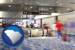 south-carolina map icon and an airport people mover, with motion blur