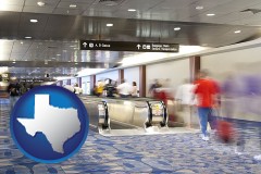 texas map icon and an airport people mover, with motion blur