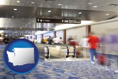 washington map icon and an airport people mover, with motion blur